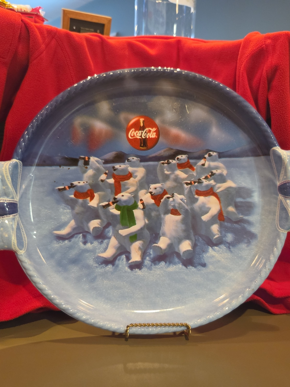 Coca Cola Polar Bear Holiday Tray with Blue Snow Scene and Red Accents